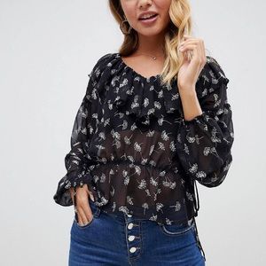 ASOS Design long sleeve ruffle v neck top in floral print
